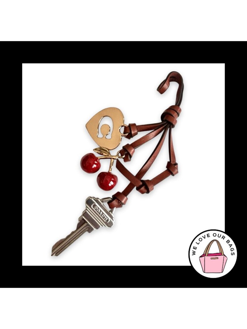 New COACH TERI CHARM Cherry Key Heart Leather Strap Hang Tag Fob Loved Denim Bag